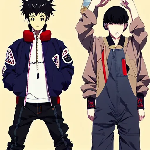 Image similar to a beautiful androgoynous anime boy gravure model, wearing oversized mayan bomber jacket and leotard with overalls, bulky poofy bomber jacket with mayan patterns, aztec street fashion, gapmoe yandere grimdark, trending on pixiv fanbox, painted by greg rutkowski makoto shinkai takashi takeuchi studio ghibli, akihiko yoshida