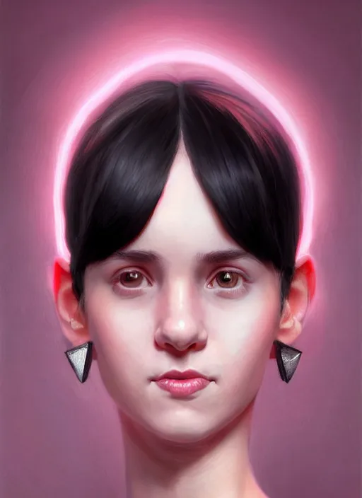 Image similar to portrait of teenage girl, realistic, black hair, bangs, half updo hairstyle, pointy nose, skinny, smile, ugly, defined jawline, big chin, pink hair bow, earrings, intricate, elegant, glowing lights, highly detailed, digital painting, artstation, sharp focus, illustration, art by wlop, mars ravelo and greg rutkowski