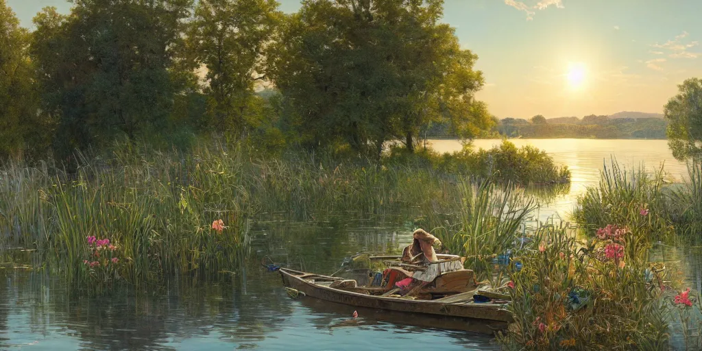 Prompt: a beautiful lake landscape in summer, romantic ambiente, barge, tall grown reed on riverbank, no mountains, clear sky, sunshine, colorful, by Mohrbacher and Moebius and Alphonse Mucha and Roger Deakins, cinematic lighting, masterpiece, highly detailed, 8k resolution, trending on art station
