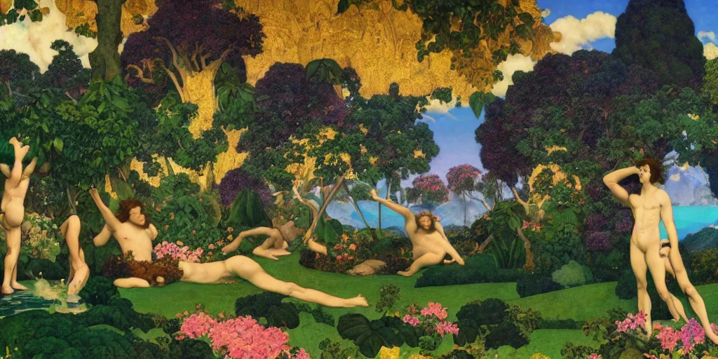 Image similar to a landscape of the Garden of Eden by Maxfield Parrish in a vaporwave style, digital art 8k