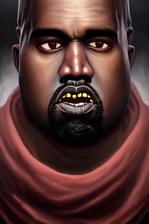 Prompt: a demonic horrific portrait of kanye west, white eyes, bored, illustration, soft lighting, soft details, painting oil on canvas by edmund blair leighton and charlie bowater octane render, hdr, trending on artstation, 4 k, 8 k, hd