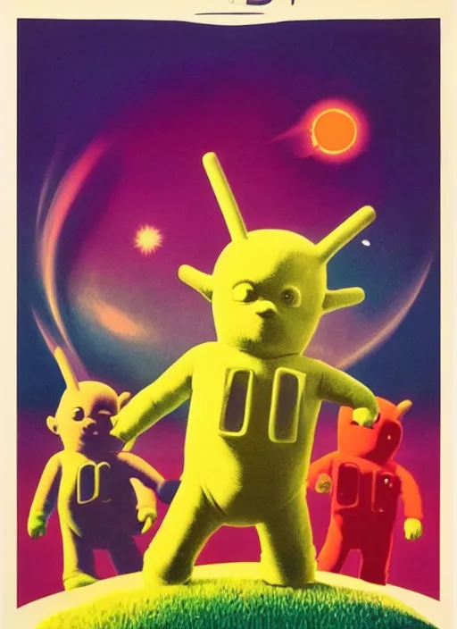 Image similar to teletubbies horror movie poster, high details, minimalist, by vincent di fate, artgerm julie bell beeple, 1960s, vintage 60s print, screen print