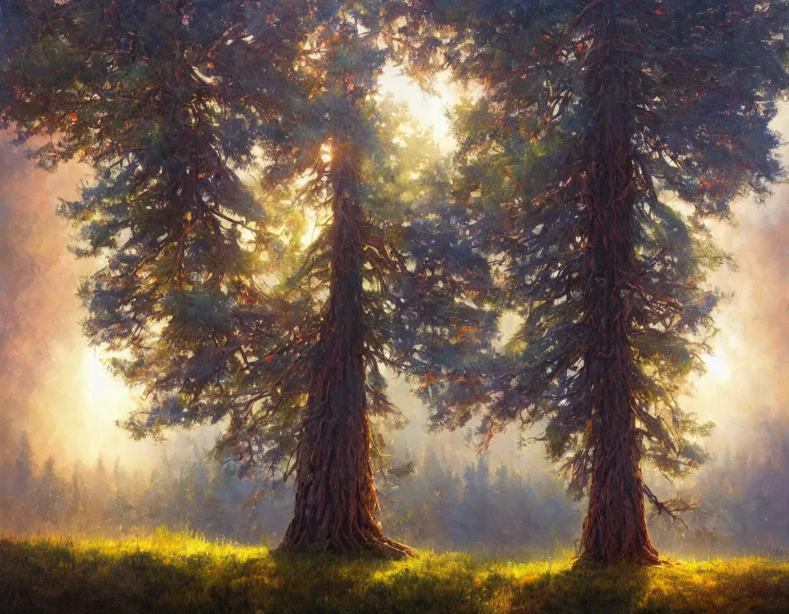 Image similar to hyper realistic oil painting of sequoya tree, hd, hdr, by moebius and john howe and albert bierstadt and alena aenami, ultra detailed, high resolution