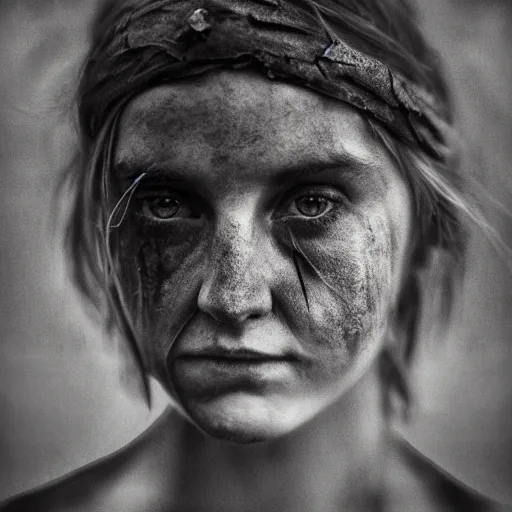 Image similar to Award Winning Portrait of a prehistoric weathered English Female with beautiful eyes wearing pelts and a leather headband by Lee Jeffries, 85mm ND 5, perfect lighting,