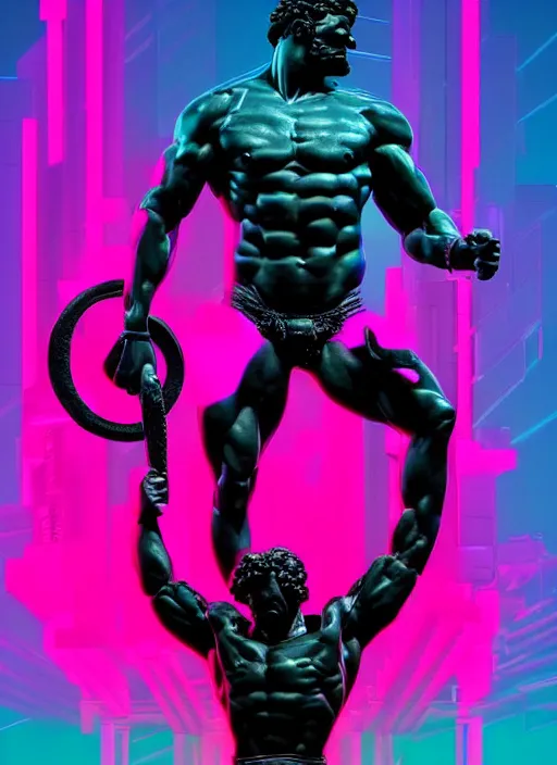 Image similar to black and neon colors, statue of hercules, beeple, vaporwave, retrowave, glitch, strong contrast, pinterest, trending on artstation