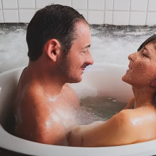 Prompt: a man and woman in a bath tub touching each other happy dreaming