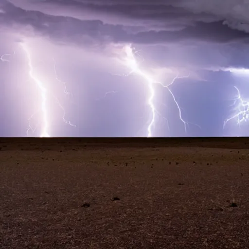 Image similar to photo of a vast wasteland filled with lightning and tornadoes