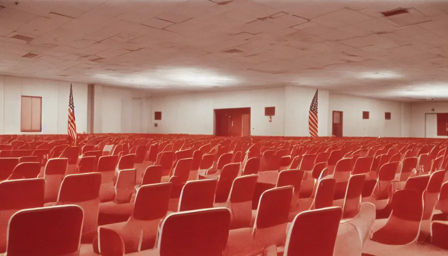 Image similar to 60s movie still of a sovietic stalinist style empty ballroom with chairs and soviet flags, cinestill 800t 50mm eastmancolor, liminal Space style, heavy grain-s 150