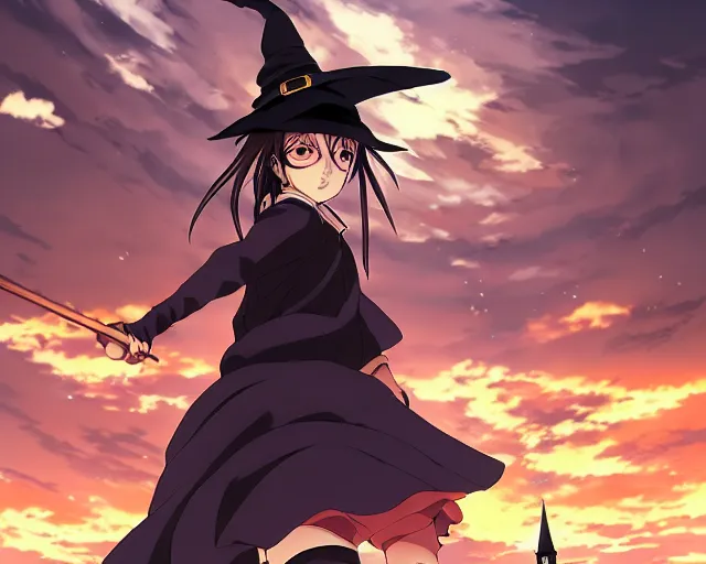 Prompt: key anime visual portrait of a young female witch walking through a busy village, dynamic pose, dynamic perspective, cinematic, dramatic lighting, muted colors, detailed silhouette, textured, finely detailed eyes, anime proportions, anmi, murata range, kentaro miura