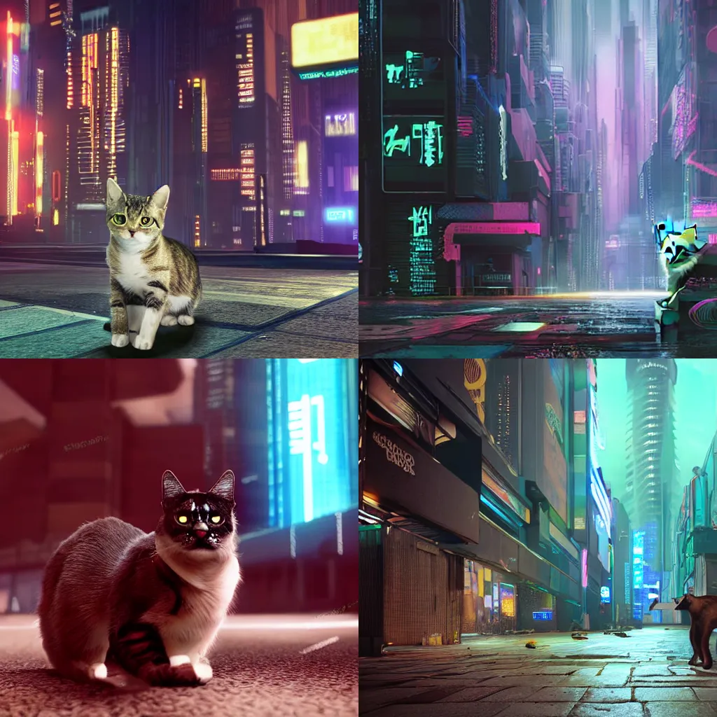 Prompt: a cat in a cyberpunk world, hyperrealistic, VFX render