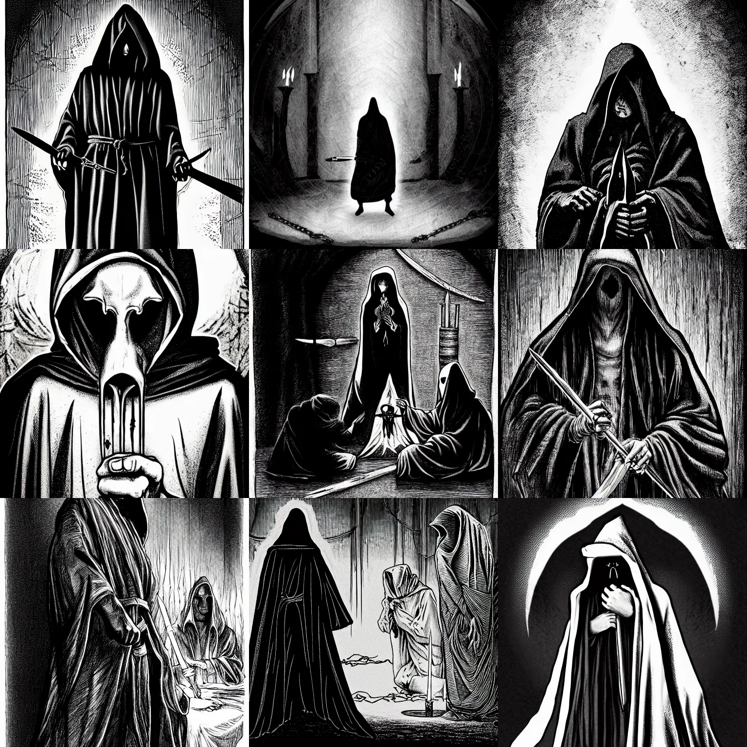 Prompt: pen and ink portrait of a hooded figure in a robe holding a dagger and about to sacrifice a tied up terrified female victim on an occult altar, horror, impressive scene. grainy and rough. black and white colour scheme. beautiful artistic detailed digital art