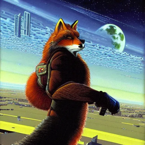 Prompt: a portrait of fox mccloud by peter elson, furry art, with a sci fi city background by syd dutton