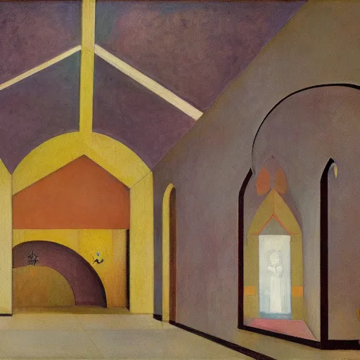 Image similar to apocalyptic scene,prayer,occult,refugees,mosque synagogue interior,masks,geometric art,prism,patina,edward hopper,hilma af klint