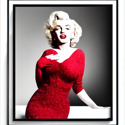 Prompt: Stunning modern studio portrait photograph of the original female model named Marilyn Monroe standing in a white room wearing a red dress, pretty face, digital art by NVIDIA, XF IQ4, f/1.4, ISO 200, 1/160s, 8K, RAW, unedited, symmetrical balance, in-frame, sharpened, RTX On