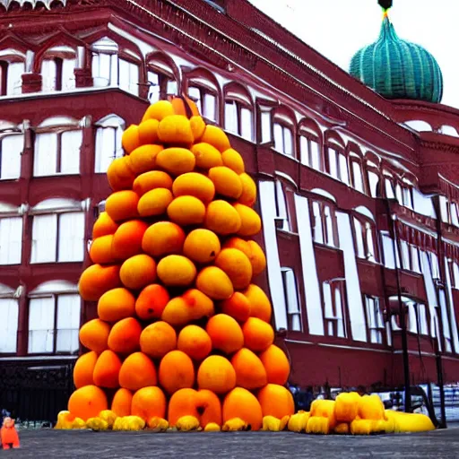 Prompt: photo giant mango standing on red square