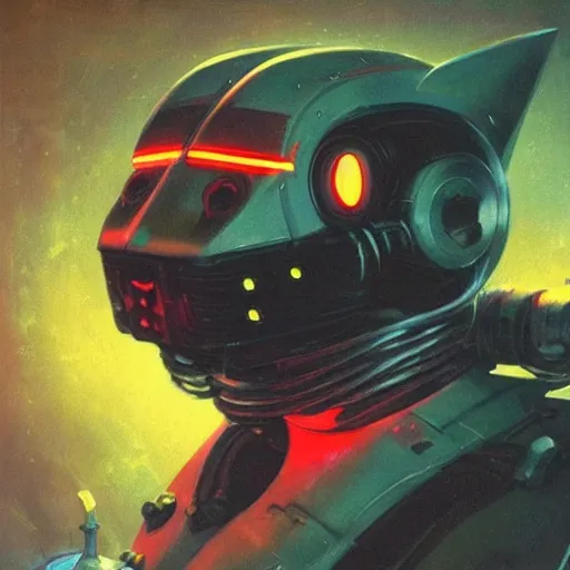 Image similar to a dark and colorful close - up of a sci - fi mecha cat robot with led lights glowing fog in the background. highly detailed science fiction painting by norman rockwell, frank frazetta, and syd mead. rich colors, high contrast, gloomy atmosphere, dark background. trending on artstation