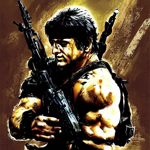 Image similar to an illustration of Stallone as Rambo by Yoji Shinkawa