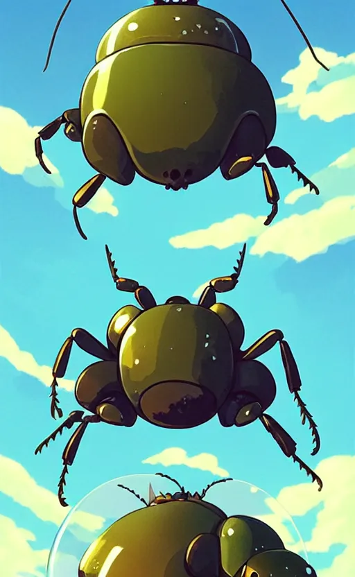 Image similar to a cute beetle card from 1 9 5 0, illustration, clear sky background, lush landscape, concept art, anime key visual, trending pixiv fanbox, by wlop and greg rutkowski and makoto shinkai and studio ghibli and kyoto animation and ken sugimori, symmetrical facial features, scarab pet companion, box art