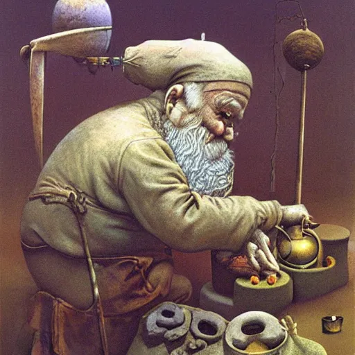Prompt: Zdzisław Beksiński painting of a gnome tinkerer