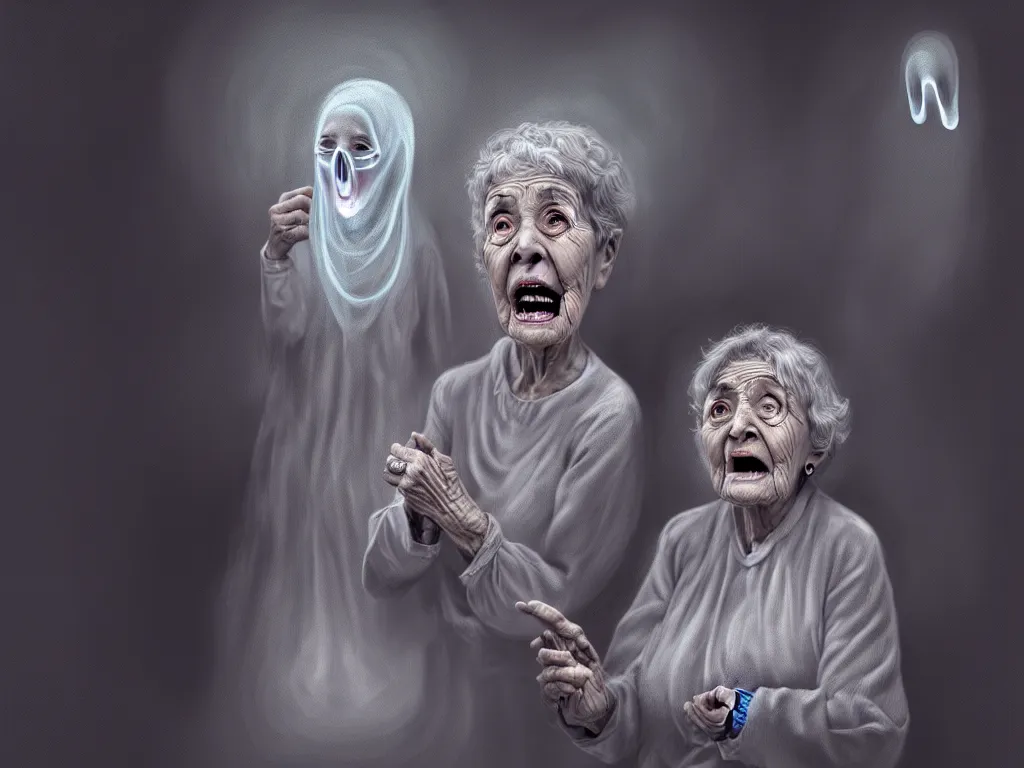 Prompt: an old lady describing loneliness and anxiety as ghosts come out of her mouth, digital painting, highly detailed, 4 k, art by miguel alandia pantoja