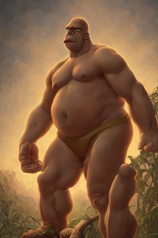 Image similar to portrait of homer simpson as a hulking herculean man, forest, godlike, full body, fantasy, intricate, elegant, highly detailed, digital painting, artstation, concept art, sharp focus, illustration, art by artgerm and greg rutkowski and alphonse mucha