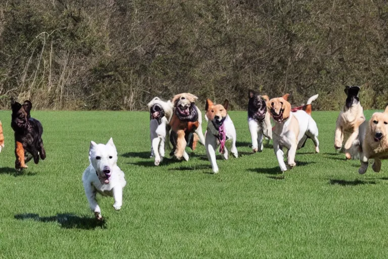 Prompt: a field full of dogs that are running in one direction