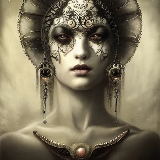 Image similar to By Tom Bagshaw, ultra realist soft painting of a curiosities carnival by night, omnious sky, symmetry accurate features, very intricate details, black and white, volumetric light clouds