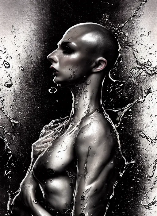 Prompt: fierce wet fashion model, shaved head, in the style of irakli nadar, splashed, sweat skin, liquid metal, effervescent, black roses, poster art, high detail, hyperrealistic illustration, watercolor, deep mood, hyperrealism, 3 d,