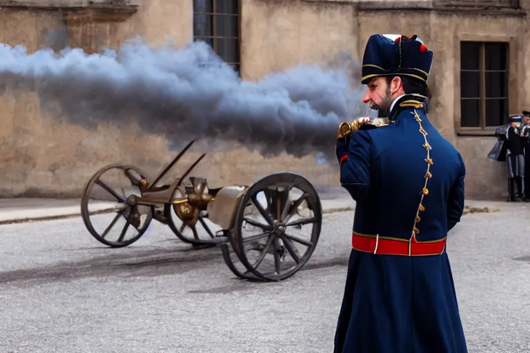 Image similar to closeup portrait of emmanuel macron dressed as napoleon firing a cannon in a street, natural light, sharp, detailed face, magazine, press, photo, steve mccurry, david lazar, canon, nikon, focus