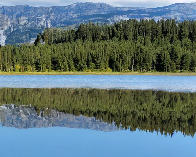 Prompt: my teeth are sharp. there is a lake in the foreground with water reflections.