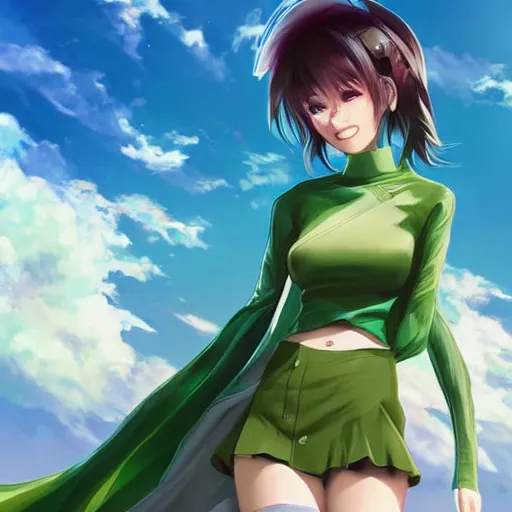 Image similar to anime girl in beautiful green valley and blue skies, digital art by Rossdraws and Artgerm.