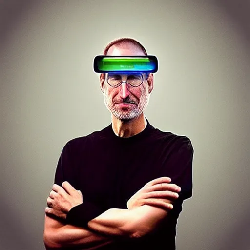 Image similar to “a hyperreal stylized portrait photograph of Steve Jobs wearing an Augmented Reality visor, in the year 2030, cyberpunk”