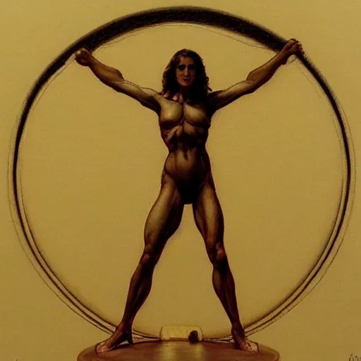 Image similar to artstation a woman posing as Vitruvian Man, by Boris Vallejo, very detailed, , portrait, backlit