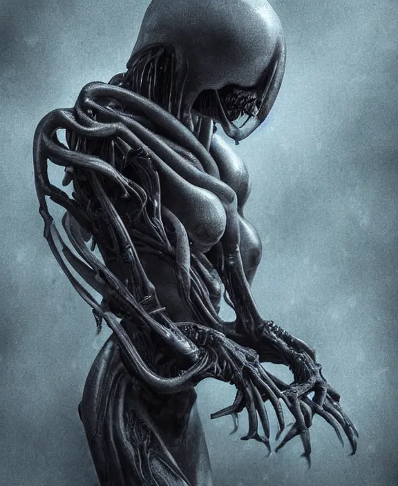 Image similar to xenomorph hugging pale sad beauty merging, dark mist colors, giger background liminal void, digital art, cinematic lighting, realistic, award winning photograph, various refining methods, micro macro autofocus