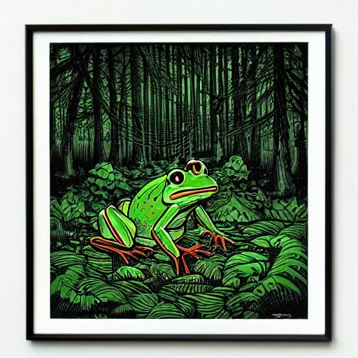 Image similar to A frog inside a forest by Dan Mumford