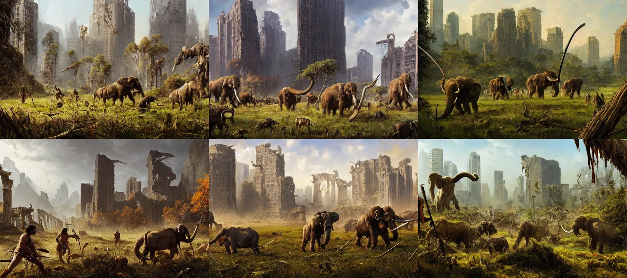 Prompt: epic scene of prehistoric hunter gatherers hunting wooly mammoth with spears in ancient ruins of decayed skyscrapers, overgrown with vegetation, grass, trees, autumn season, clear and beautiful sunny weather, epic feels, high details, oil painting by greg rutkowski and craig mullins, 8 k