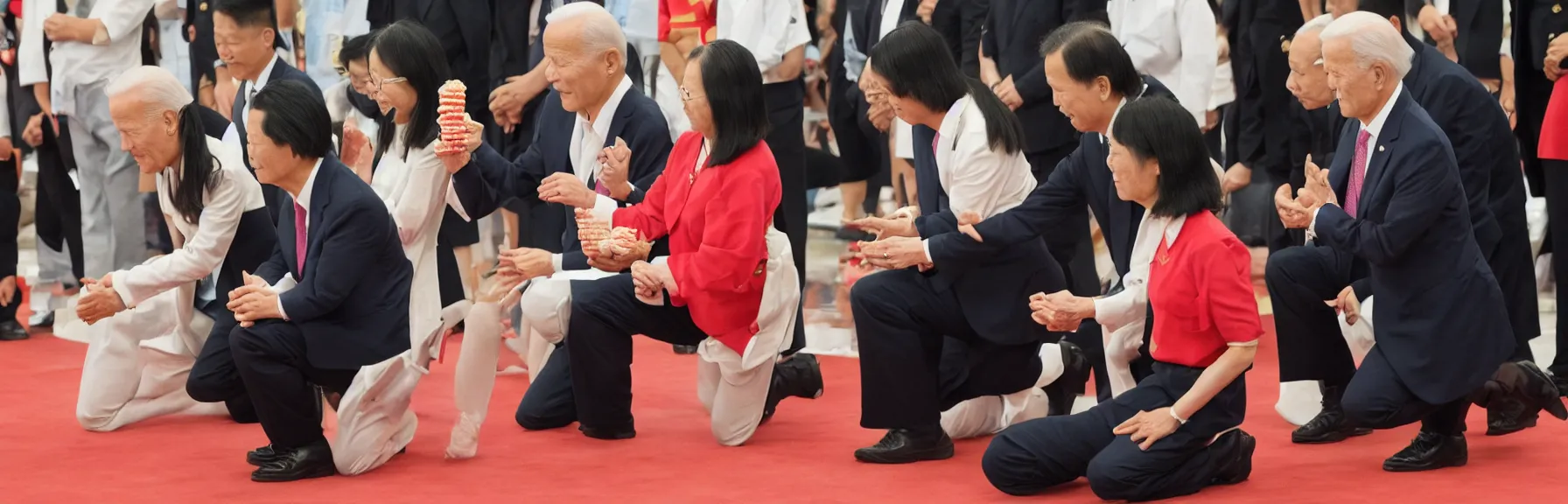 Image similar to Tsai Ing-wen kneeling down on knees before Xi Jinping standing, her mouth nearby his waist, Joe Biden kneeling down on knees behind her holding a hotdog, photorealistic, ultrarealistic photography, 8k