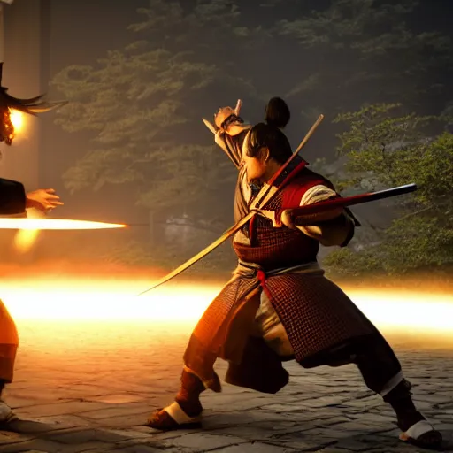 Image similar to photo of an action fight scene between a samurai and a ninja, unreal engine, hyper realistic, high detail, cinematic, magic, japan, temples, beautiful lighting, smoke, fire, lightning,