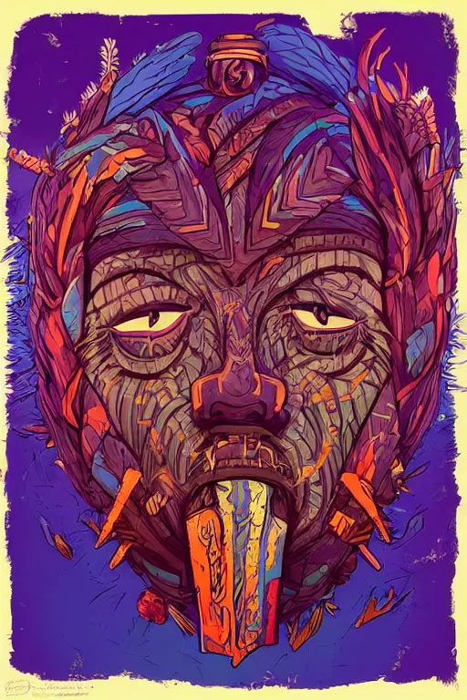 Image similar to totem animal tribal chaman vodoo mask feather gemstone plant wood rock video game illustration vivid color borderlands by josan gonzales and dan mumford radiating a glowing aura