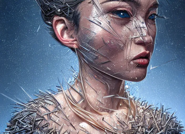 Prompt: a stupid head with highly detailed realistic nails sticking out of it, hammered nails, pain, light effect, hyper detailed, intricate, elegant, highly detailed, digital painting, artstation, concept art, matte, sharp focus, illustration, by dan mumford, yusuke murata, makoto shinkai, ross tran