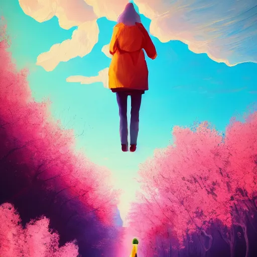 Image similar to giant cherry blossom flower as a head, girl walking in a canyon, surreal photography, sunrise, dramatic light, impressionist painting, colorful clouds, digital painting, artstation, simon stalenhag