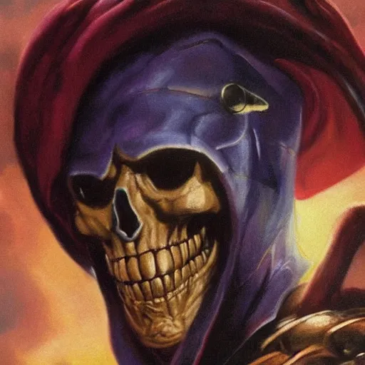 Image similar to ultra realistic portrait painting of skeletor as thor, art by frank frazetta, 4 k, ultra realistic, highly detailed, epic lighting