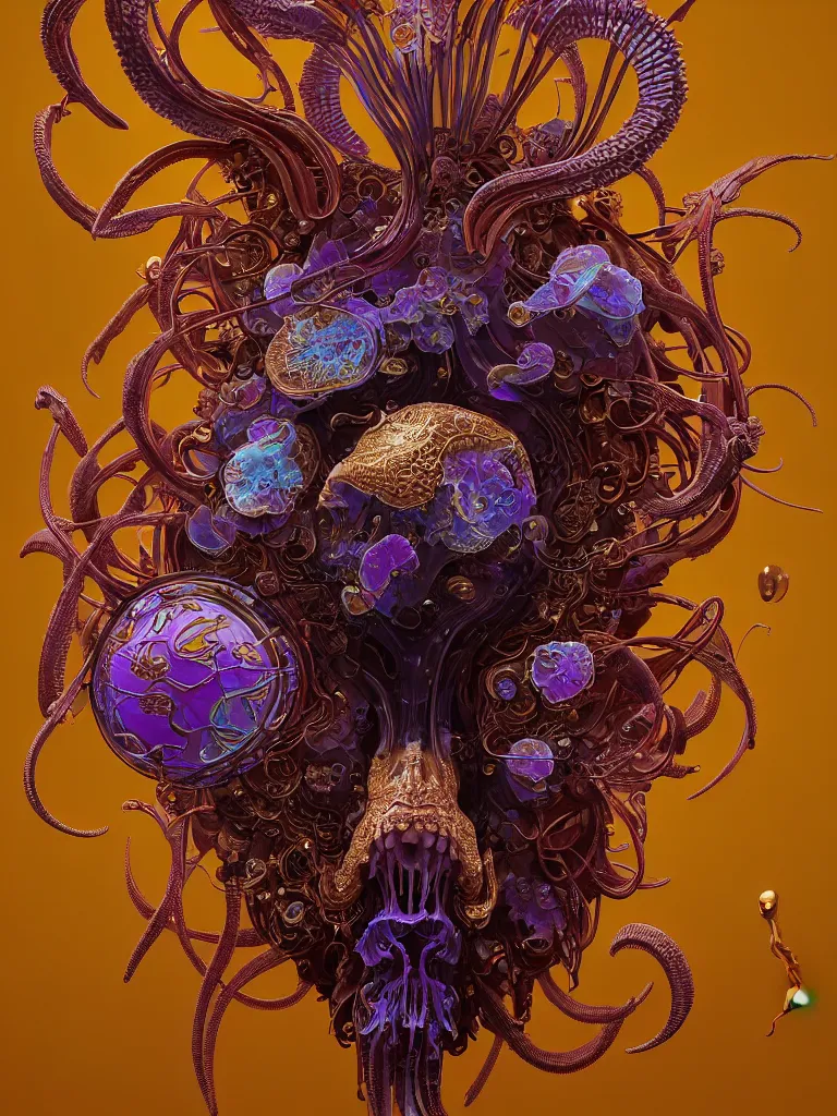 Prompt: close-up portrait ram skull abstract 3d composition. jellyfish phoenix head, nautilus, orchid, moebius, mucha, New art nouveau, skull, gold betta fish, bioluminiscent creatures, intricate artwork by Tooth Wu and wlop and beeple. octane render, trending on artstation, greg rutkowski very coherent symmetrical artwork. cinematic, hyper realism, high detail, octane render, 8k