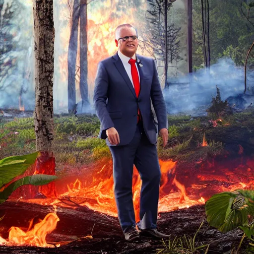 Image similar to Prime Minister Scott Morrison in front of a forest fire, wearing shorts and a Hawaiian hat, hose in the ground, smoke, , cinematic, hyper realism, high detail, vivid colors, octane render, unreal engine, 8k