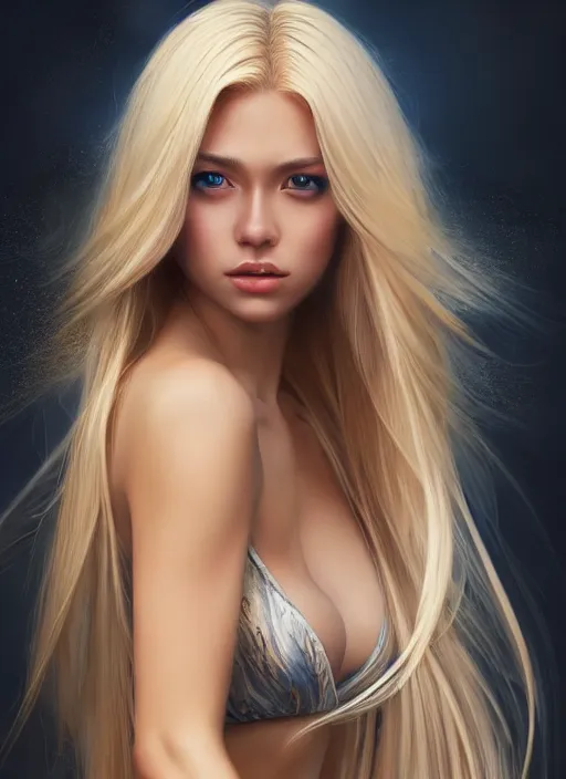 Image similar to photo of a gorgeous female with long blonde hair in the style of stefan kostic, realistic, full body shot, wide angle, sharp focus, 8 k high definition, insanely detailed, intricate, elegant, art by stanley lau and artgerm, floating embers