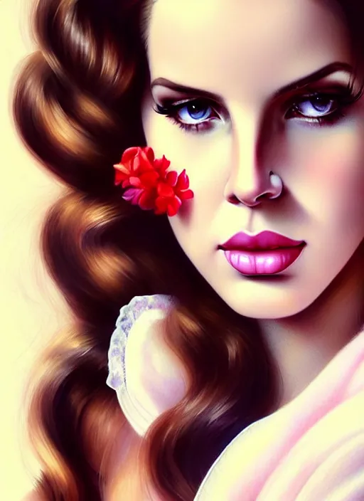 Prompt: Lana del Rey as a glamorous and sexy nurse in chemisier, beautiful, pearlescent skin, natural beauty, seductive eyes and face, elegant girl, natural beauty, very detailed face, seductive lady, full body portrait, natural lights, photorealism, summer vibrancy, cinematic, a portrait by artgerm, rossdraws, Norman Rockwell, magali villeneuve, Gil Elvgren, Alberto Vargas, Earl Moran, Enoch Bolles