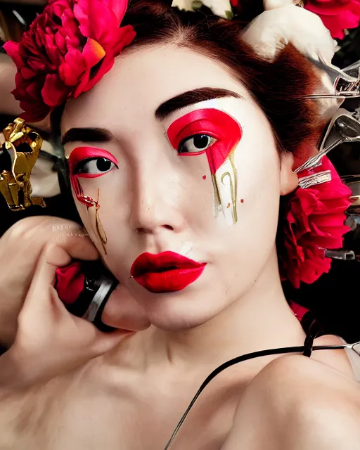 Image similar to Portrait of a robot, close-up, high sharpness, zeiss lens, fashion photo shoot, peony flowers, red hair, red lipstick, on the background of gold, on their face rhinestones, Edward Buba, Annie Leibovitz and Steve McCurry, David Lazar, Jimmy Nelsson, Eiko Hosoe, Zhong Lin, artistic, hyper-realistic, beautiful face, octane rendering