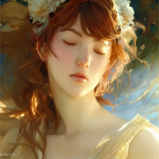 Prompt: detailed portrait of serene anime girl gwen, closed eyes, natural light, painting by gaston bussiere, craig mullins, j. c. leyendecker