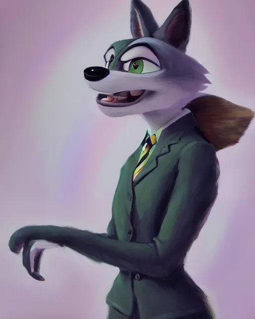 Image similar to oil painting of anthromorphic female wolf, in style of zootopia, zootopia, zootopia, fursona, furry, furaffinity, 4 k, deviantart, furry art, fursona art, wearing black business suit, business suit, in style of zootopia, wolf fursona, cyberpunk, female, expressive detailed feminine face,