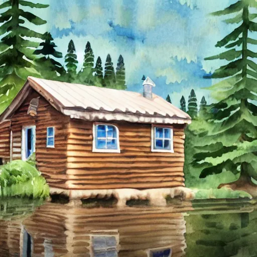 Prompt: a detailed watercolor illustration of a retrofuturistic cabin by the lake,